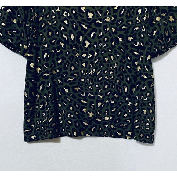 Chicos 2 Womens Large Olive Green Cheetah Print Top Cuffed Sleeve Gold Foil Boho - Picture 2 of 9
